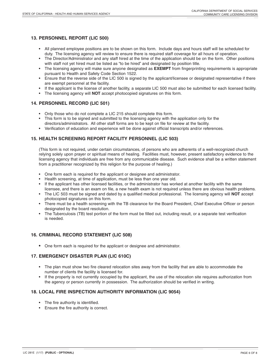 Form LIC281E Application and Supporting Documentation Checklist - Short-Term Residential Therapeutic Program - California, Page 6