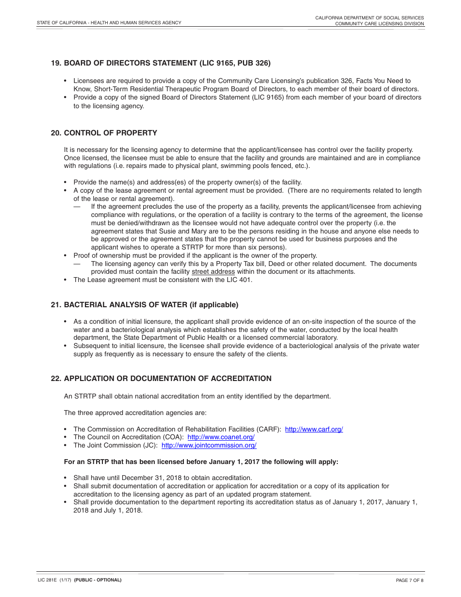 Form LIC281E Application and Supporting Documentation Checklist - Short-Term Residential Therapeutic Program - California, Page 7
