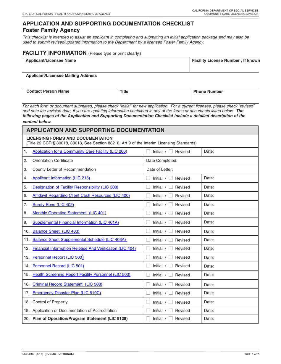 Form LIC281D Application and Supporting Documentation Checklist Foster Family Agency - California, Page 1