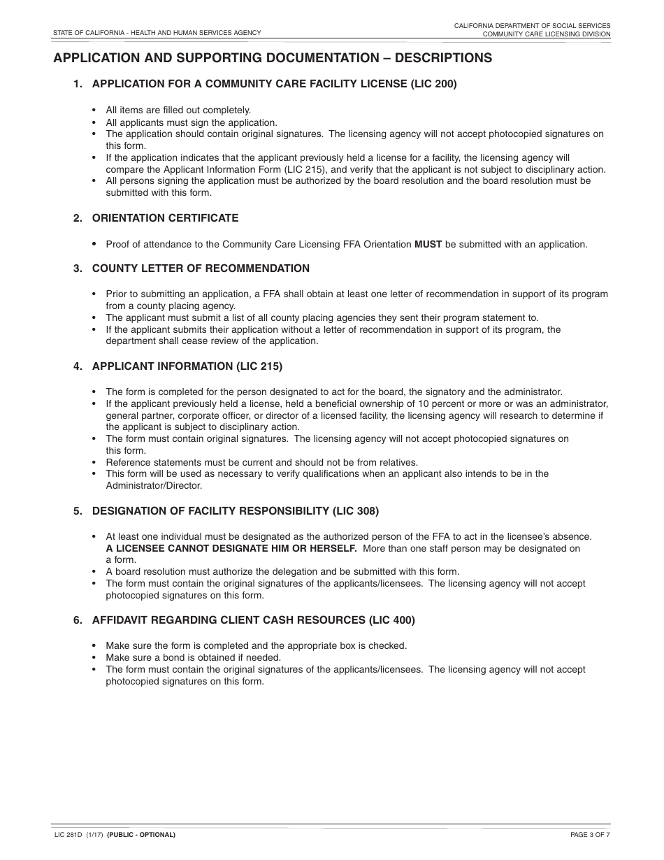 Form LIC281D Application and Supporting Documentation Checklist Foster Family Agency - California, Page 3