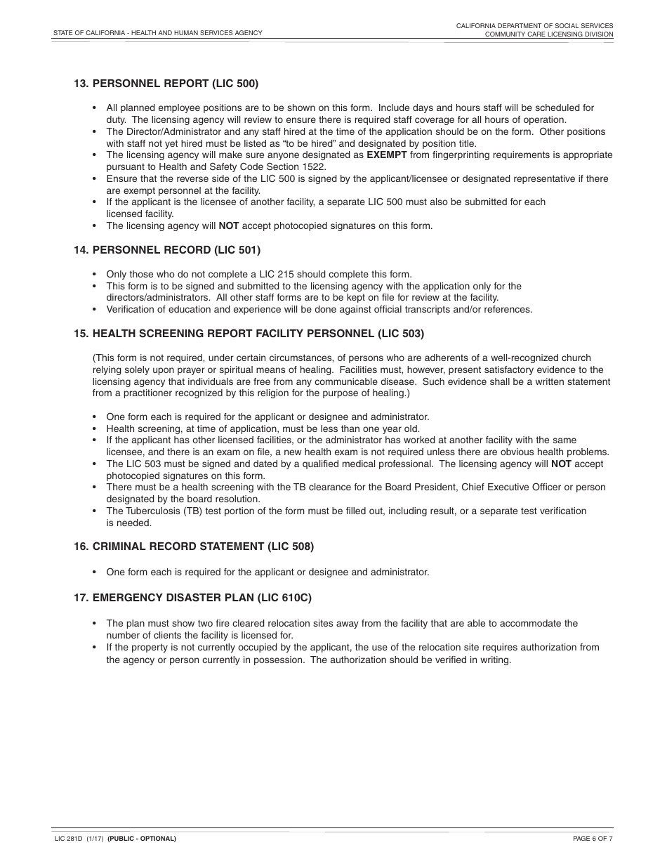 Form LIC281D Application and Supporting Documentation Checklist Foster Family Agency - California, Page 6