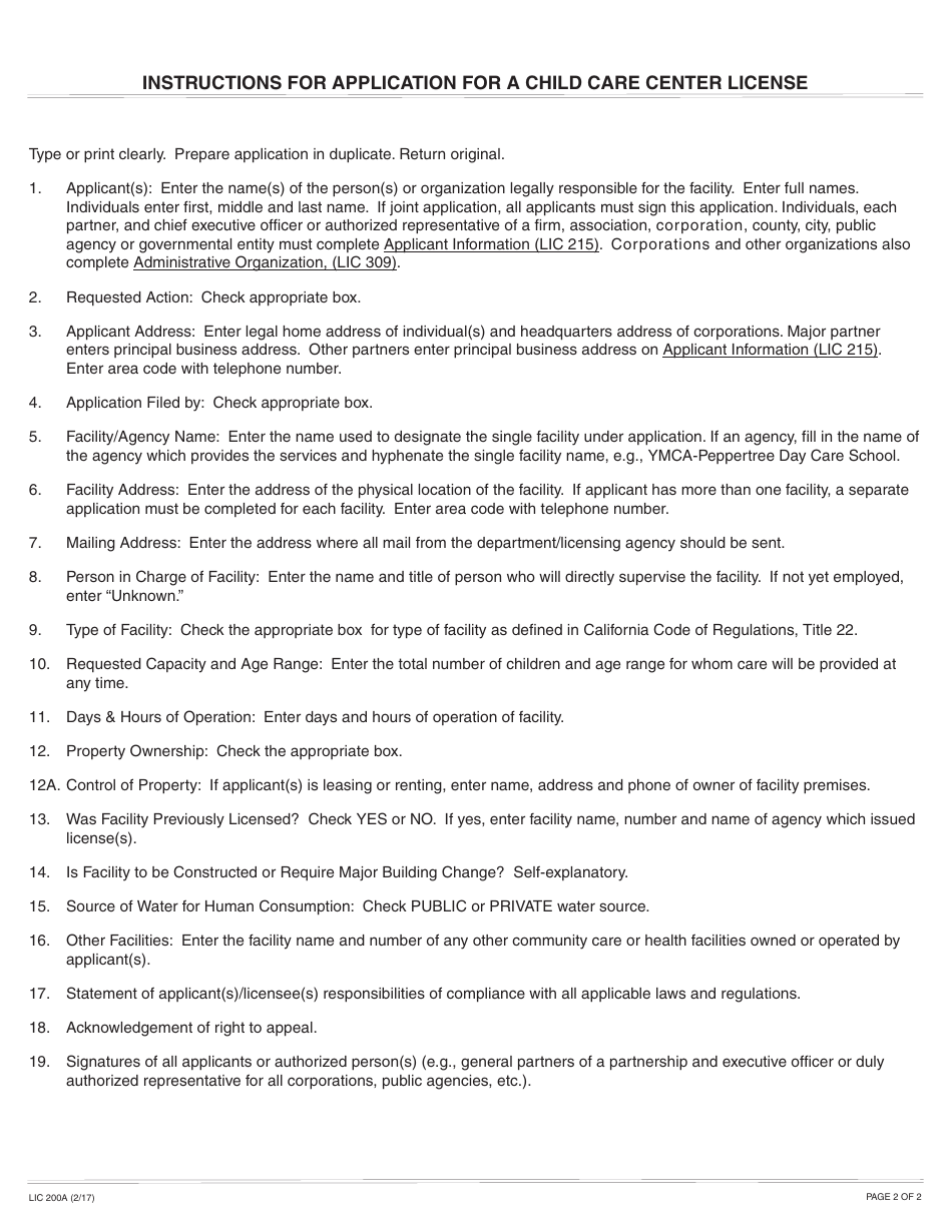 Form LIC200A Application for a Child Care Center License - California, Page 2