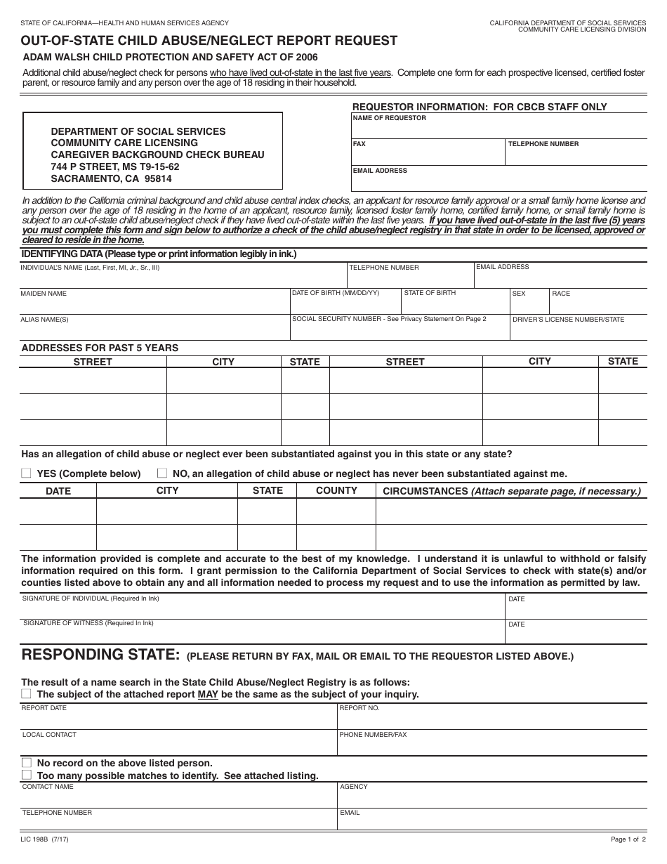 Form LIC198B Out-of-State Child Abuse / Neglect Report Request - California, Page 1