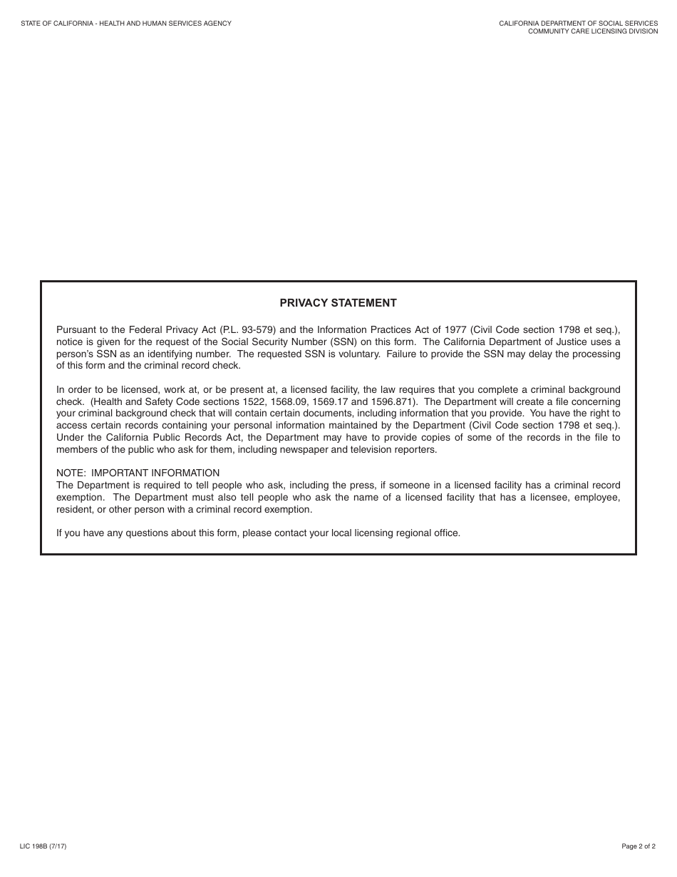 Form LIC198B Out-of-State Child Abuse / Neglect Report Request - California, Page 2