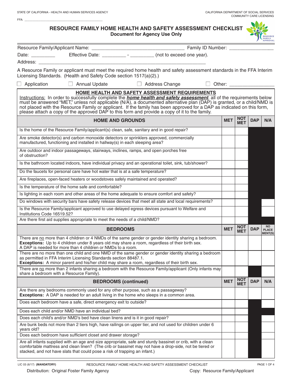 Form LIC03 Resource Family Home Health and Safety Assessment Checklist - California, Page 1