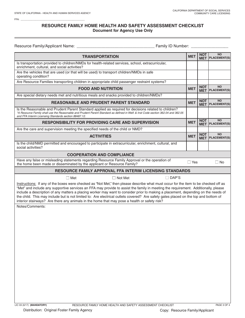 Form LIC03 Resource Family Home Health and Safety Assessment Checklist - California, Page 3