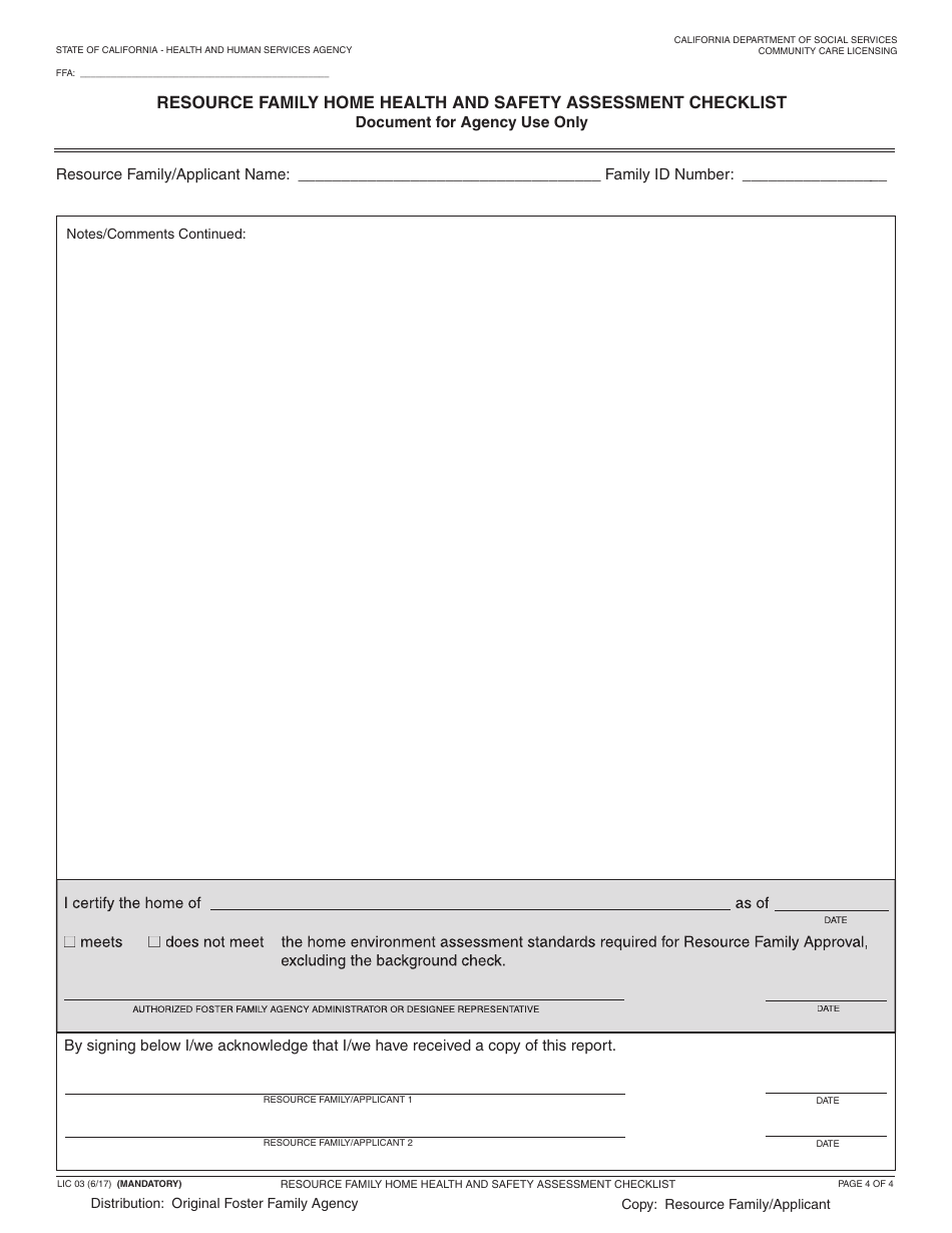 Form LIC03 Resource Family Home Health and Safety Assessment Checklist - California, Page 4