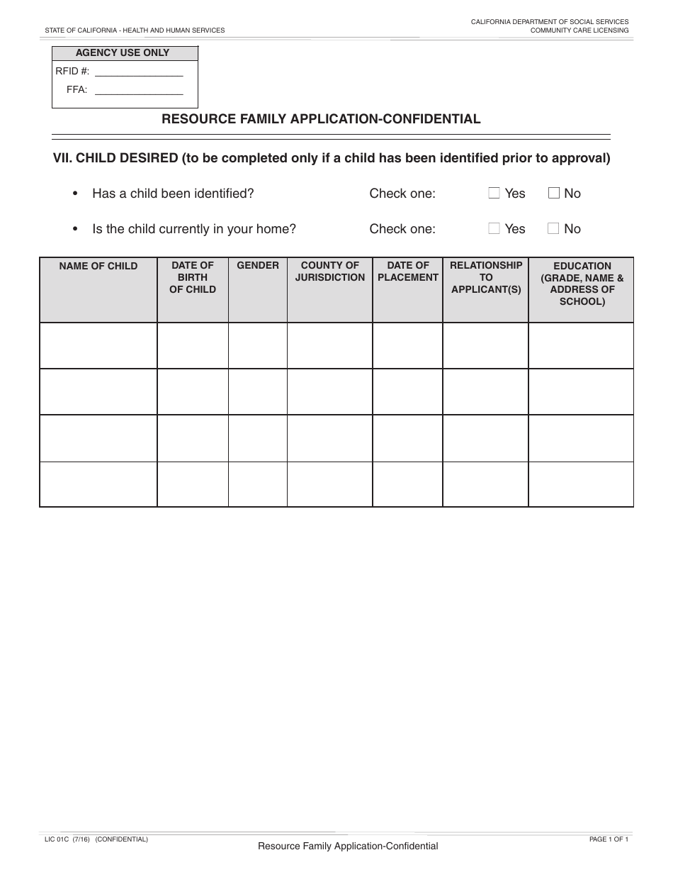 Form LIC01C Resource Family Application - Confidential - California, Page 1