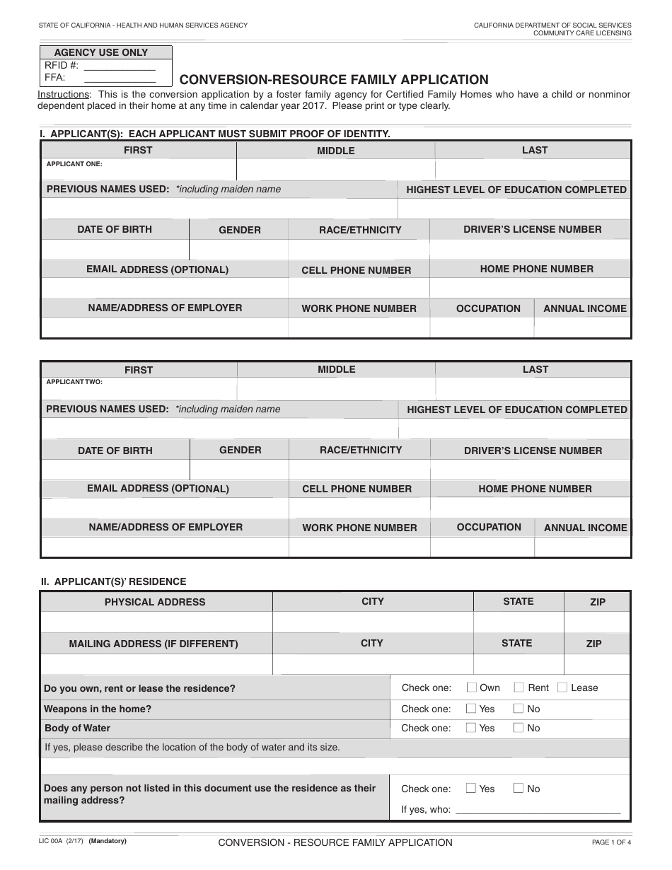 Form LIC00A Conversion - Resource Family Application - California, Page 1