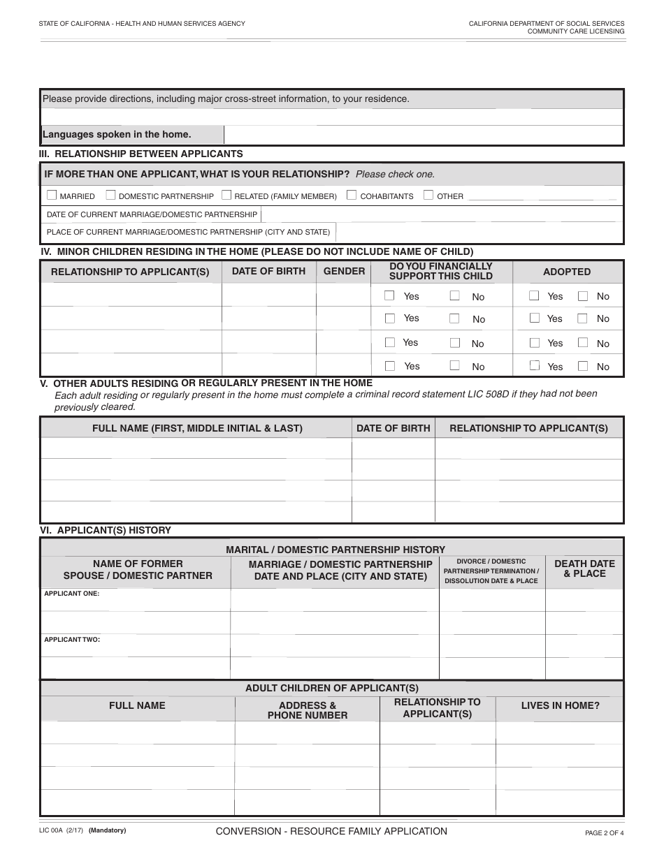 Form LIC00A Conversion - Resource Family Application - California, Page 2