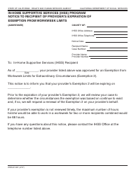 Document preview: Form IHSS-E007 In-home Supportive Services (Ihss) Program Notice to Recipient of Provider's Expiration of Exemption From Workweek Limits - California