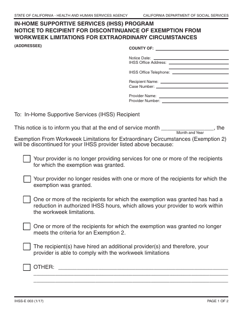 Form IHSS-E003  Printable Pdf