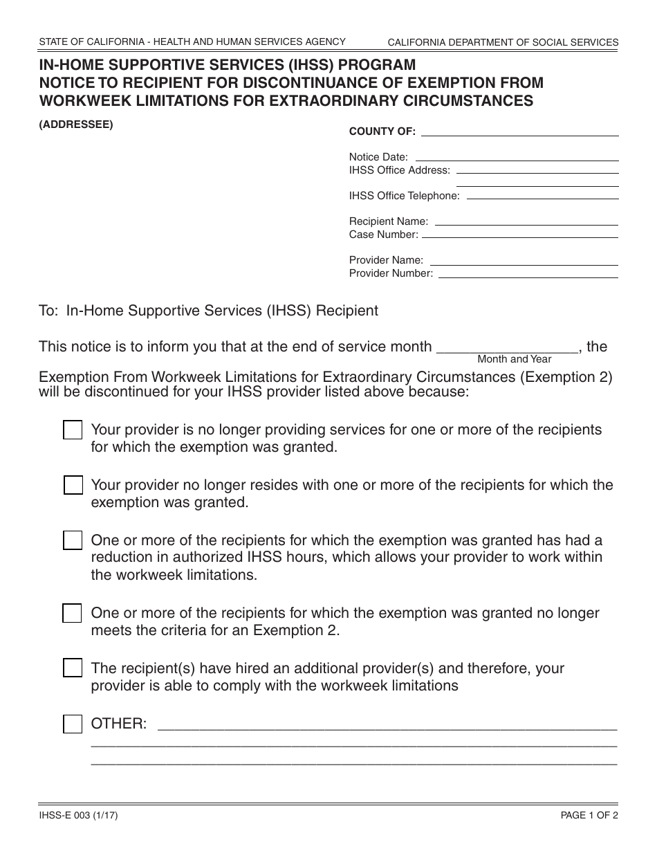 Form IHSS-E003 In-home Supportive Services (Ihss) Program Notice to Recipient for Discontinuance of Exemption From Workweek Limitations for Extraordinary Circumstances - California, Page 1