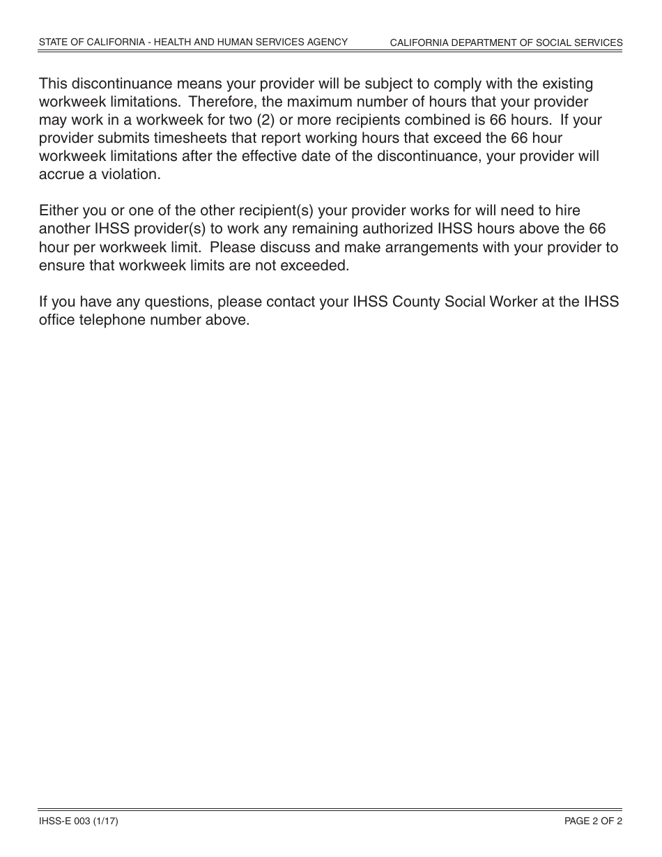 Form IHSS-E003 In-home Supportive Services (Ihss) Program Notice to Recipient for Discontinuance of Exemption From Workweek Limitations for Extraordinary Circumstances - California, Page 2