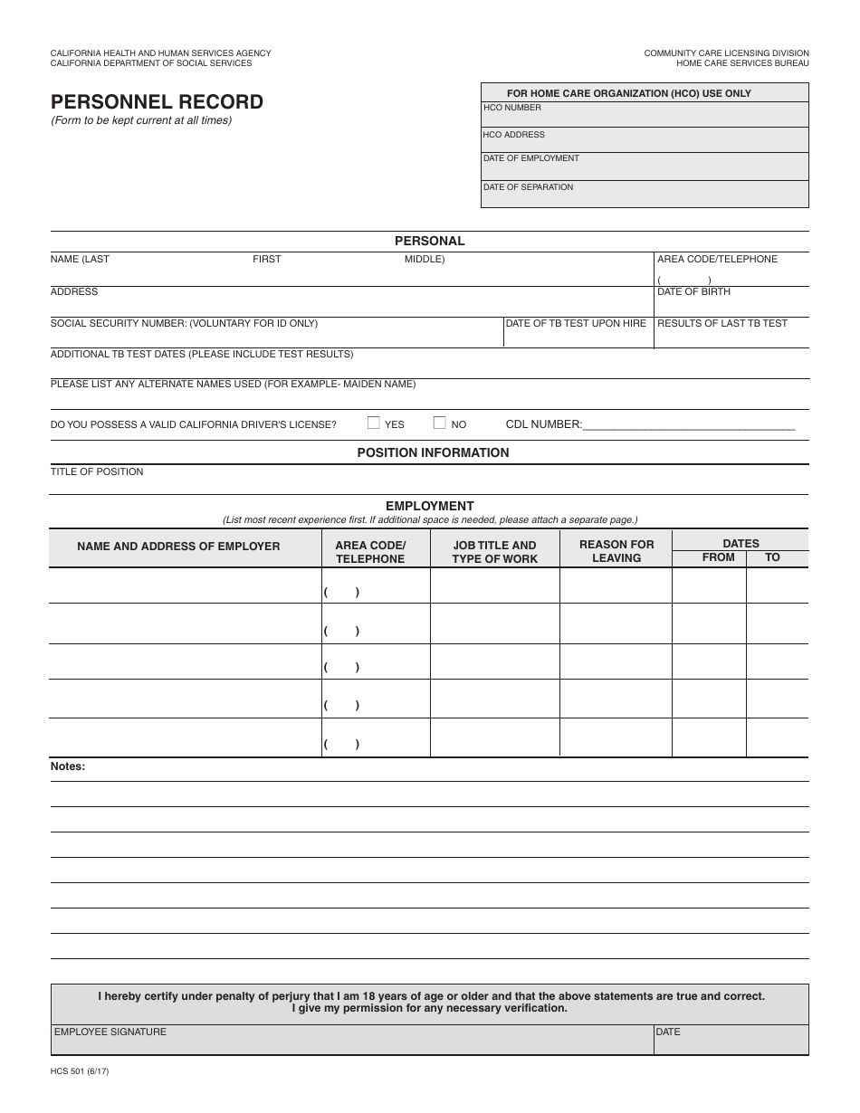 Form HCS501 Personnel Record - California, Page 1