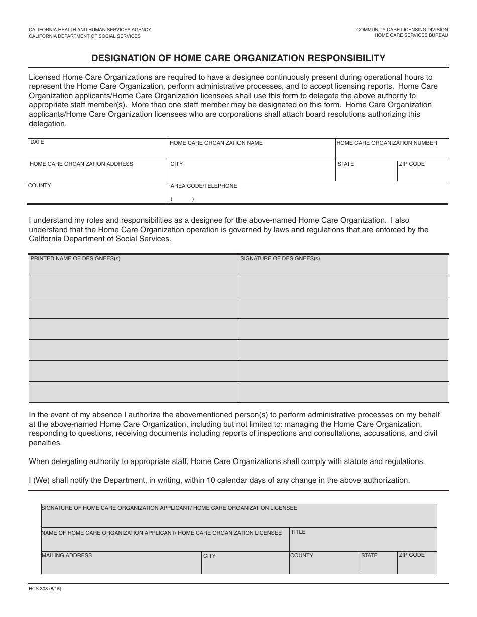 Form HCS308 Designation of Home Care Organization Responsibility - California, Page 1