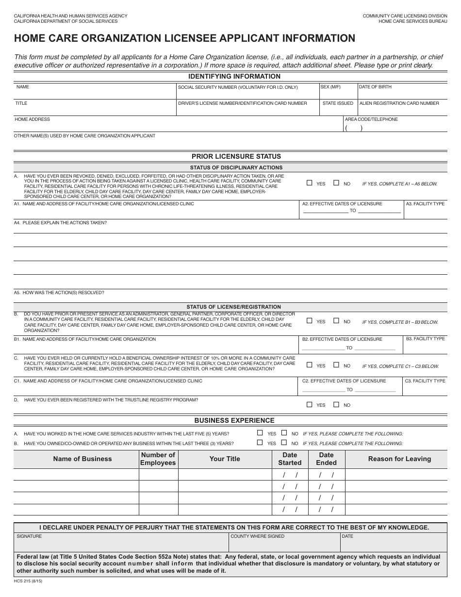 Form HCS215 Home Care Organization Licensee Applicant Information - California, Page 1