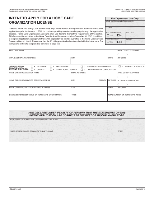 Form HCS200A Intent to Apply for a Home Care Organization License - California