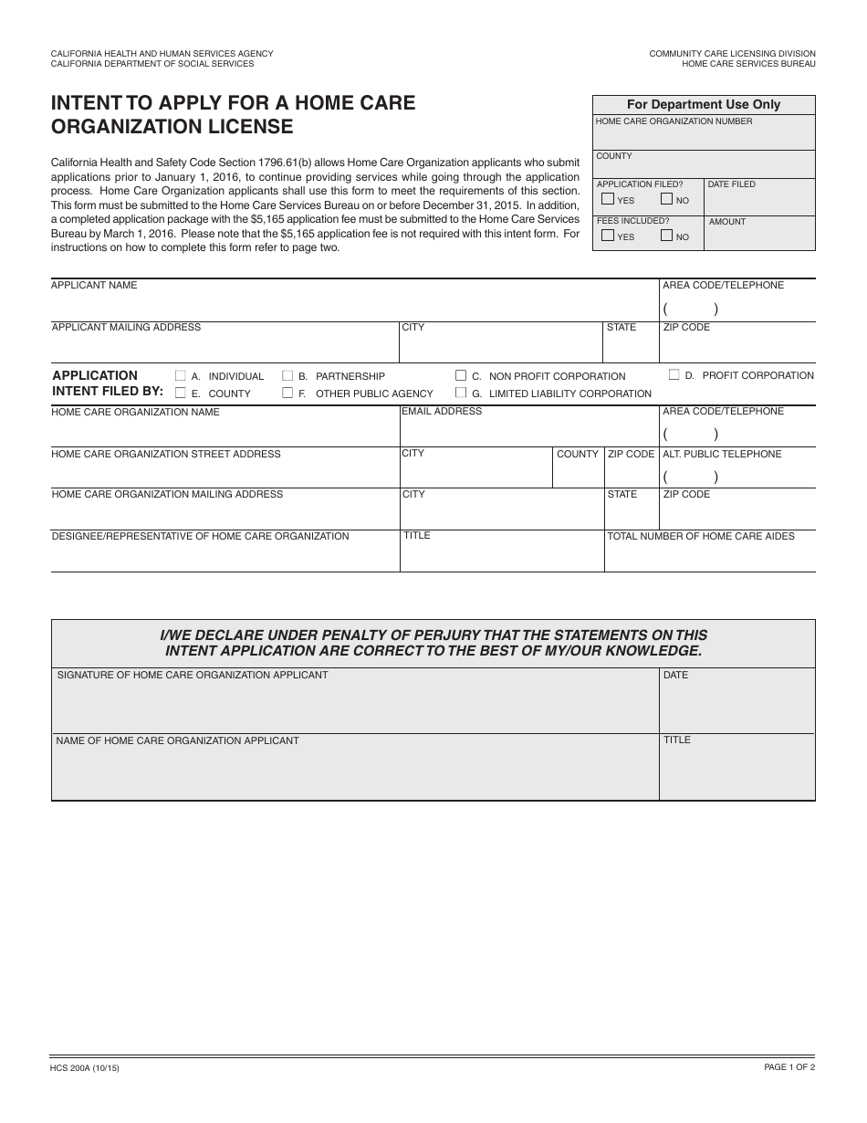 Form HCS200A Intent to Apply for a Home Care Organization License - California, Page 1