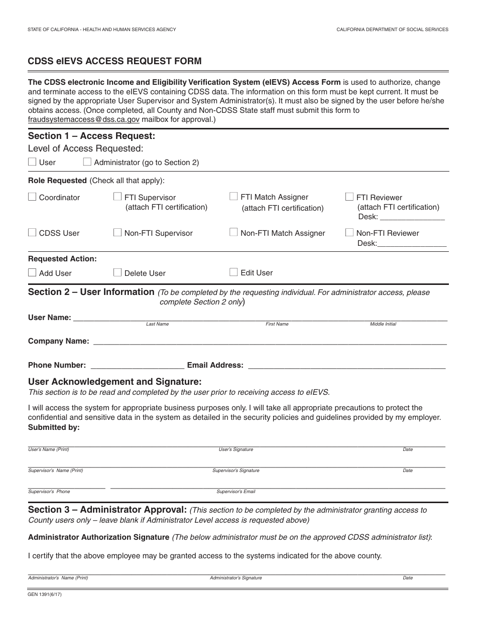 Form GEN1391 Cdss Eievs Access Request Form - California, Page 1
