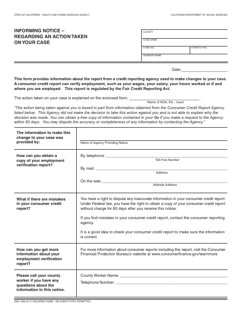 Form GEN1390 Informing Notice - Regarding an Action Taken on Your Case - California