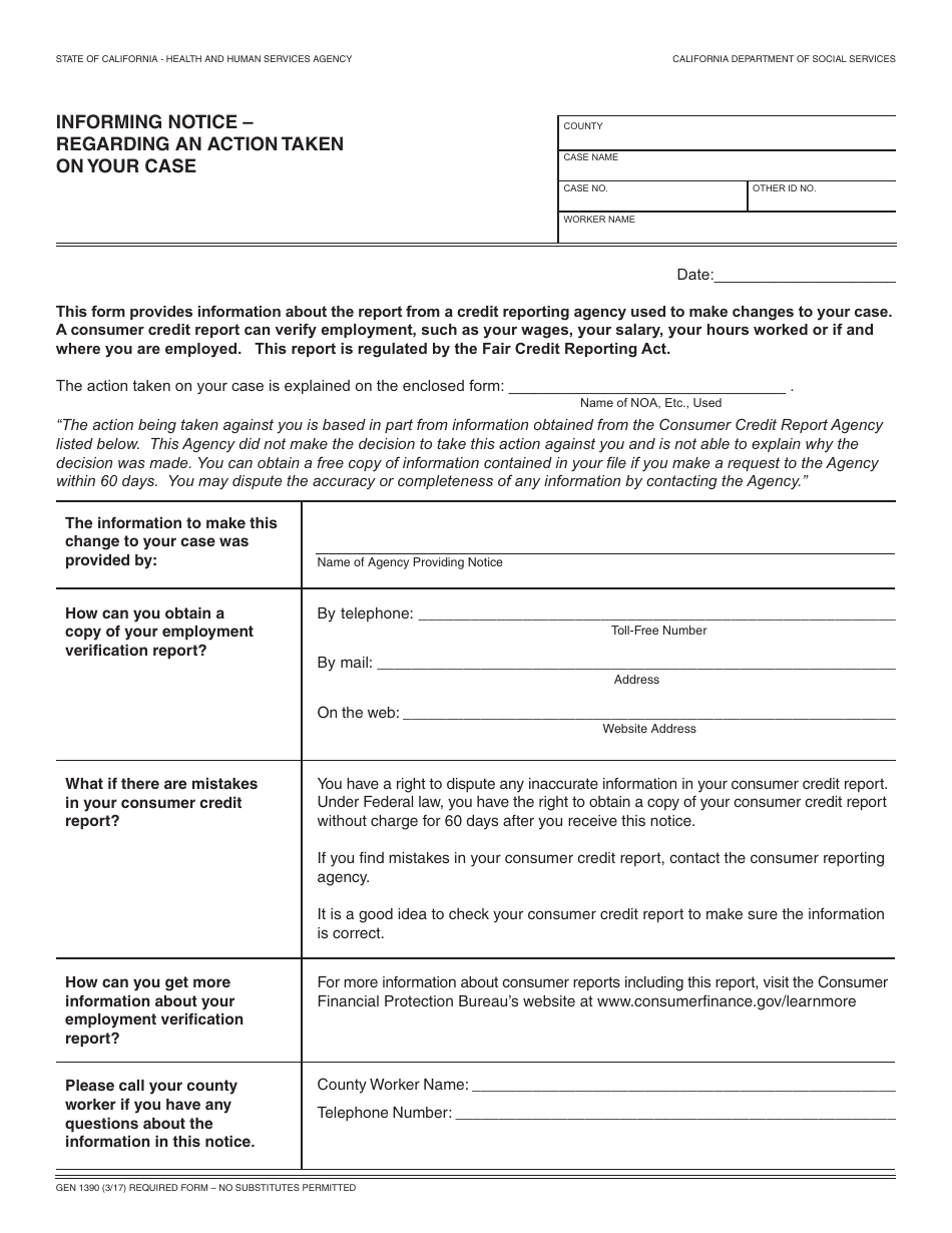 Form GEN1390 Informing Notice - Regarding an Action Taken on Your Case - California, Page 1