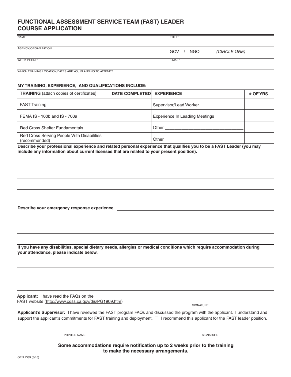 Form GEN1389 Functional Assessment Service Team (Fast) Leader Course Application - California, Page 1