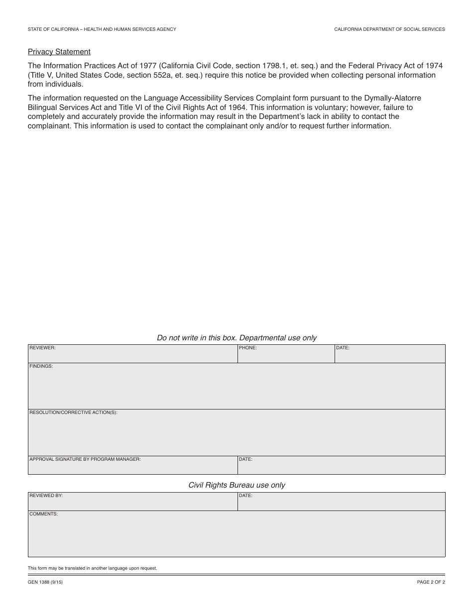 Form GEN1388 Language Accessibility Services Complaint Form - California, Page 2