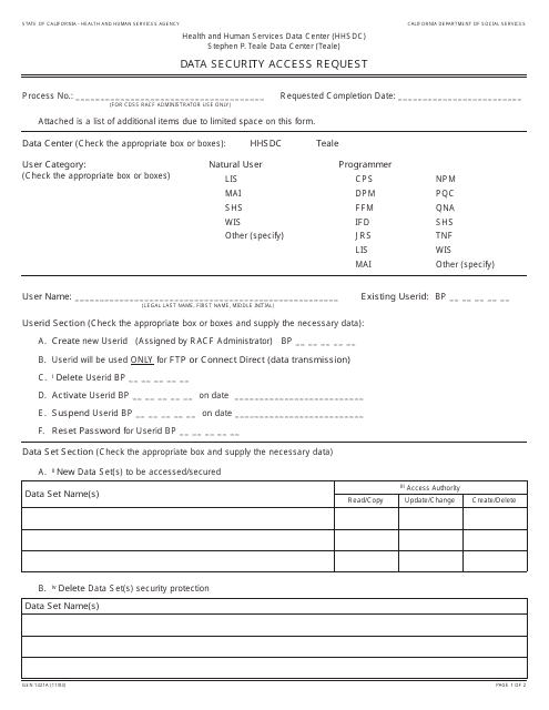 Form GEN1321A Hhsdc Teale Data Security Access Request - California
