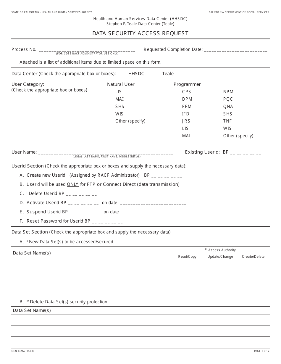 Form GEN1321A Hhsdc Teale Data Security Access Request - California, Page 1