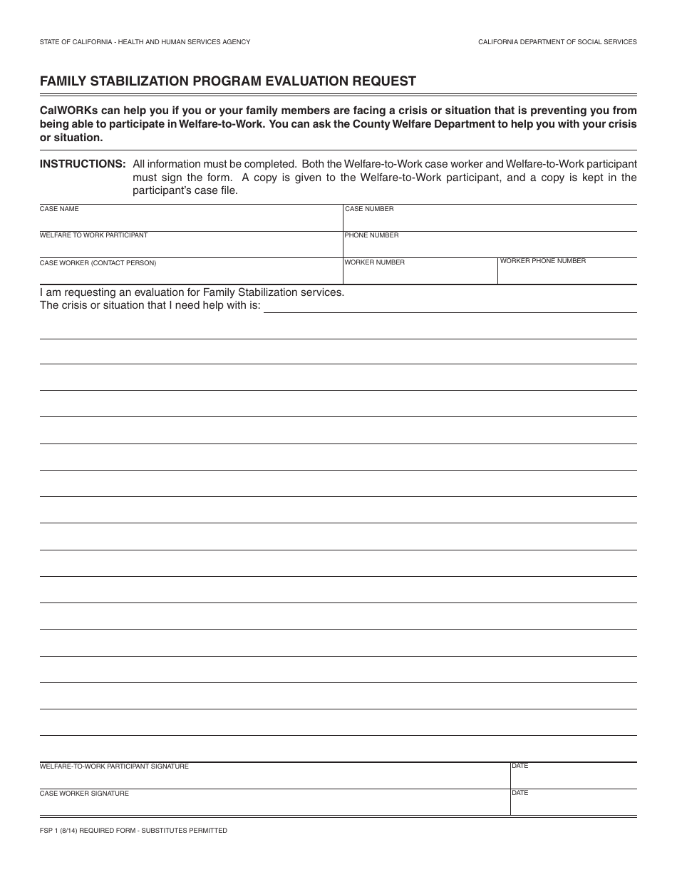 Form FSP1 Family Stabilization Program Evaluation Request - California, Page 1