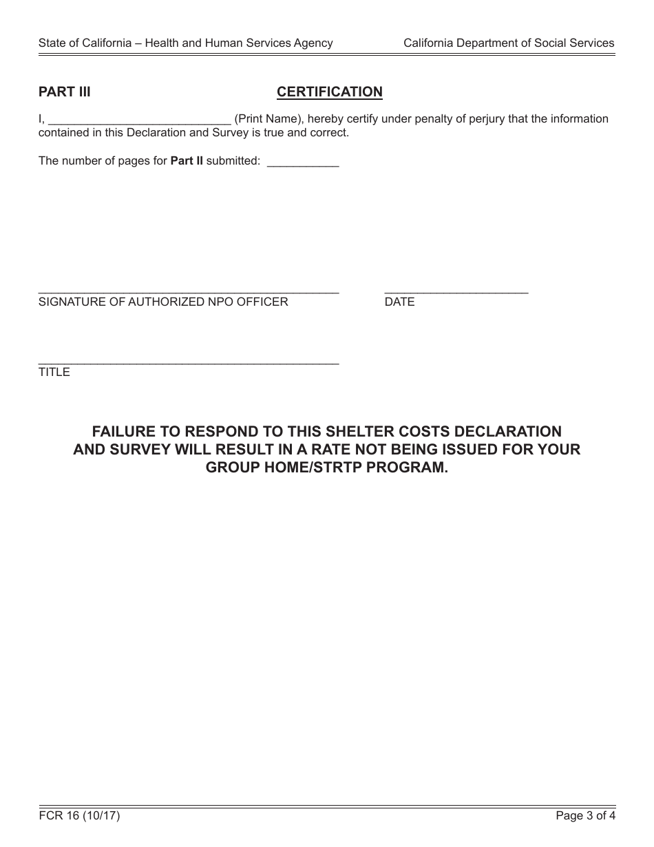 Form FCR16 Group Home / Short Term Residential Therapeutic Program (Strtp) Shelter Costs Declaration and Survey - California, Page 3