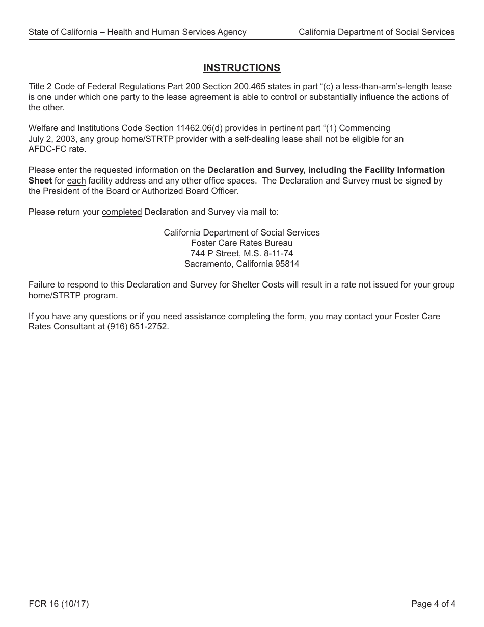 Form FCR16 Group Home / Short Term Residential Therapeutic Program (Strtp) Shelter Costs Declaration and Survey - California, Page 4
