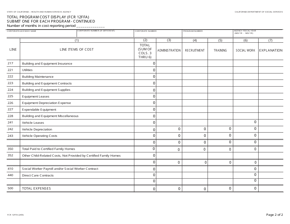 Form FCR12FFA Total Program Cost Display - California, Page 2