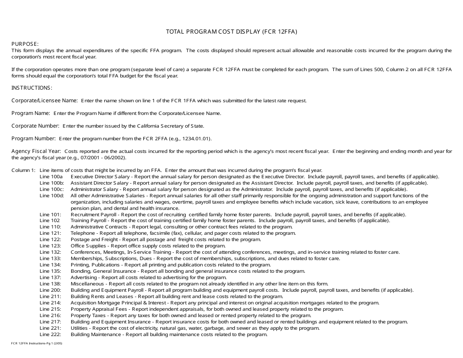 Form FCR12FFA Total Program Cost Display - California, Page 3