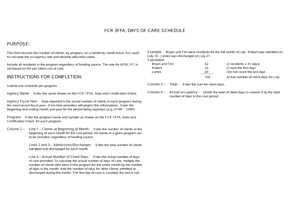 Form FCR3FFA Days of Care Schedule - California, Page 2