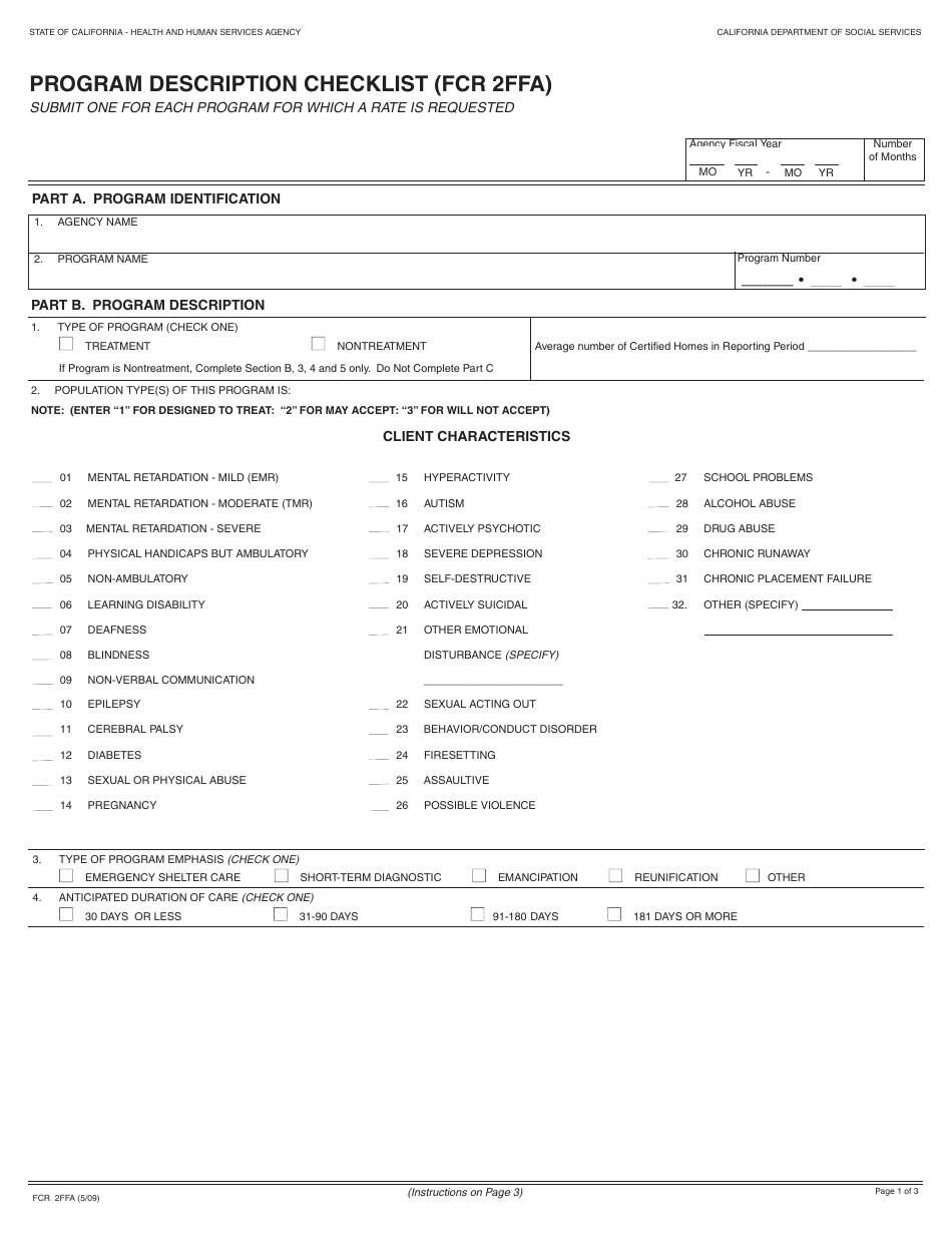 Form FCR2FFA Program Description Checklist - California, Page 1