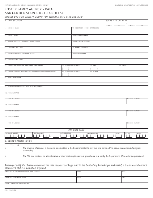 Form FCR1FFA Foster Family Agency - Data and Certification Sheet - California