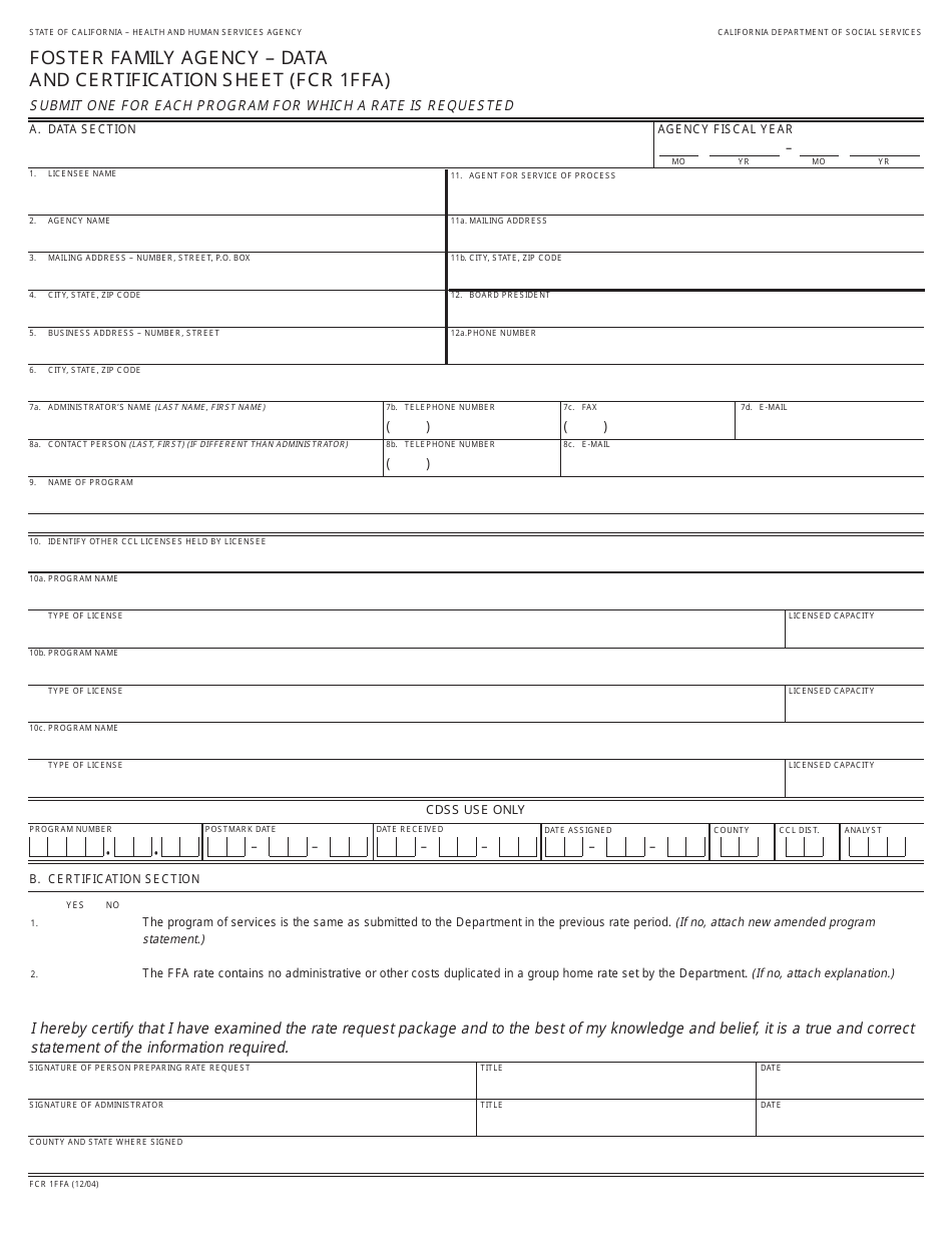 Form FCR1FFA Foster Family Agency - Data and Certification Sheet - California, Page 1
