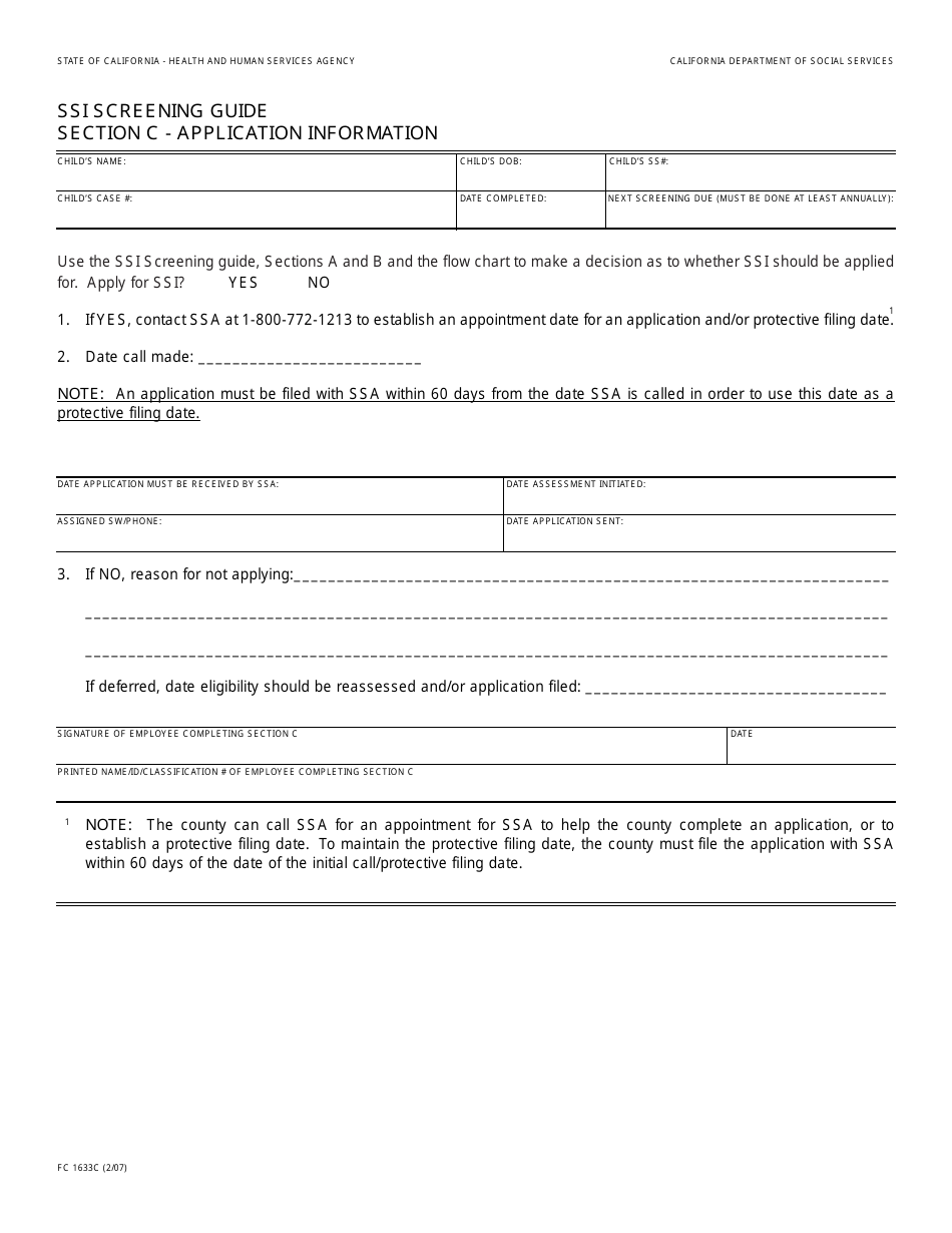Form FC1633C Ssi Screening Guide Section C - Application Inforamtion - California, Page 1