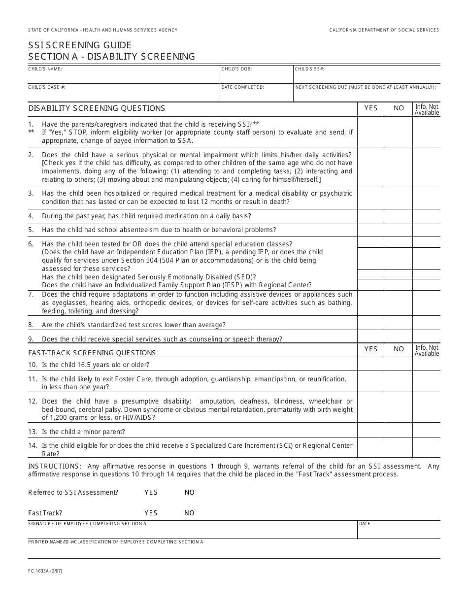 Form FC1633A Ssi Screening Guide Section a - Disability Screening - California, Page 1