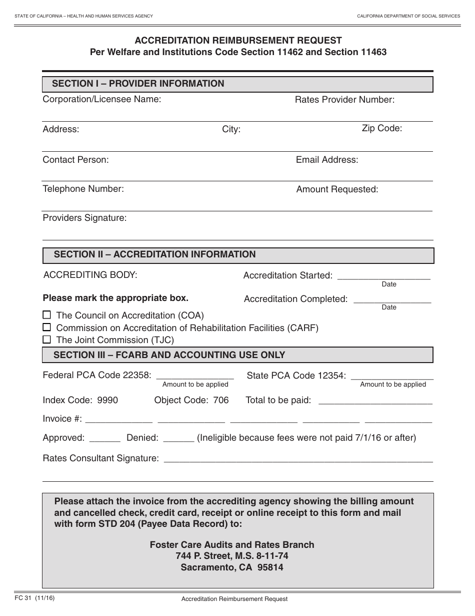 Form FC31 Accreditation Reimbursement Request - California, Page 1