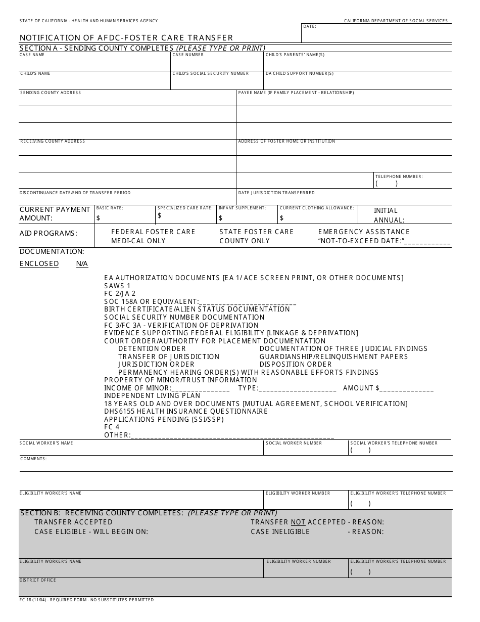 Form FC18 Notification of AFDC-Foster Care Transfer - California, Page 1