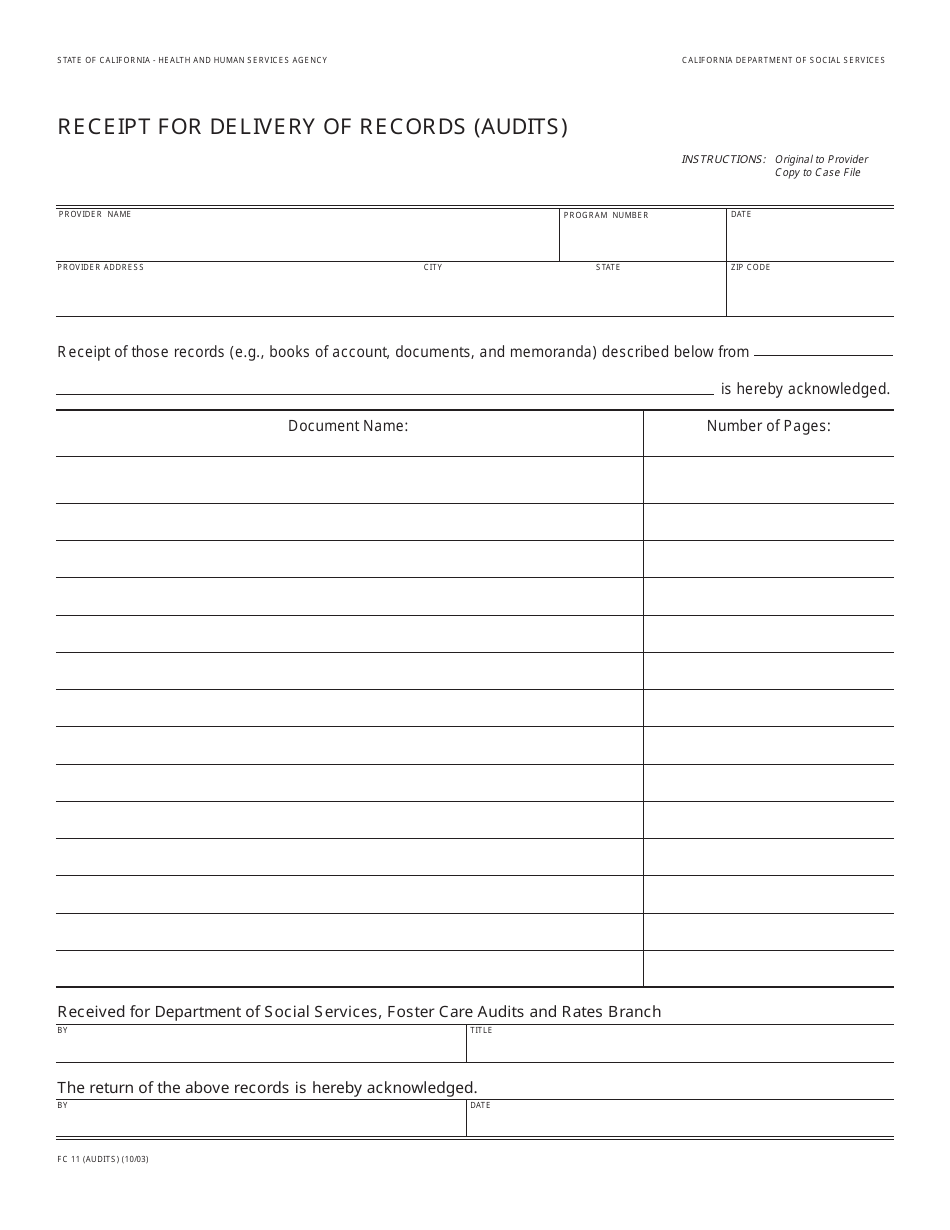 Form FC11 (AUDITS) Receipt for Delivery of Records (Audits) - California, Page 1