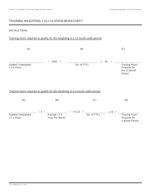 Form FC10 TRWTGCALC  Printable Pdf