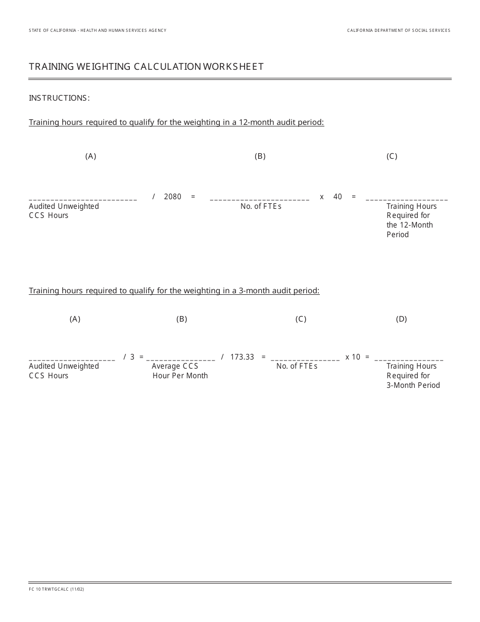 Form FC10 TRWTGCALC Training Weighting Calculation Worksheet - California, Page 1