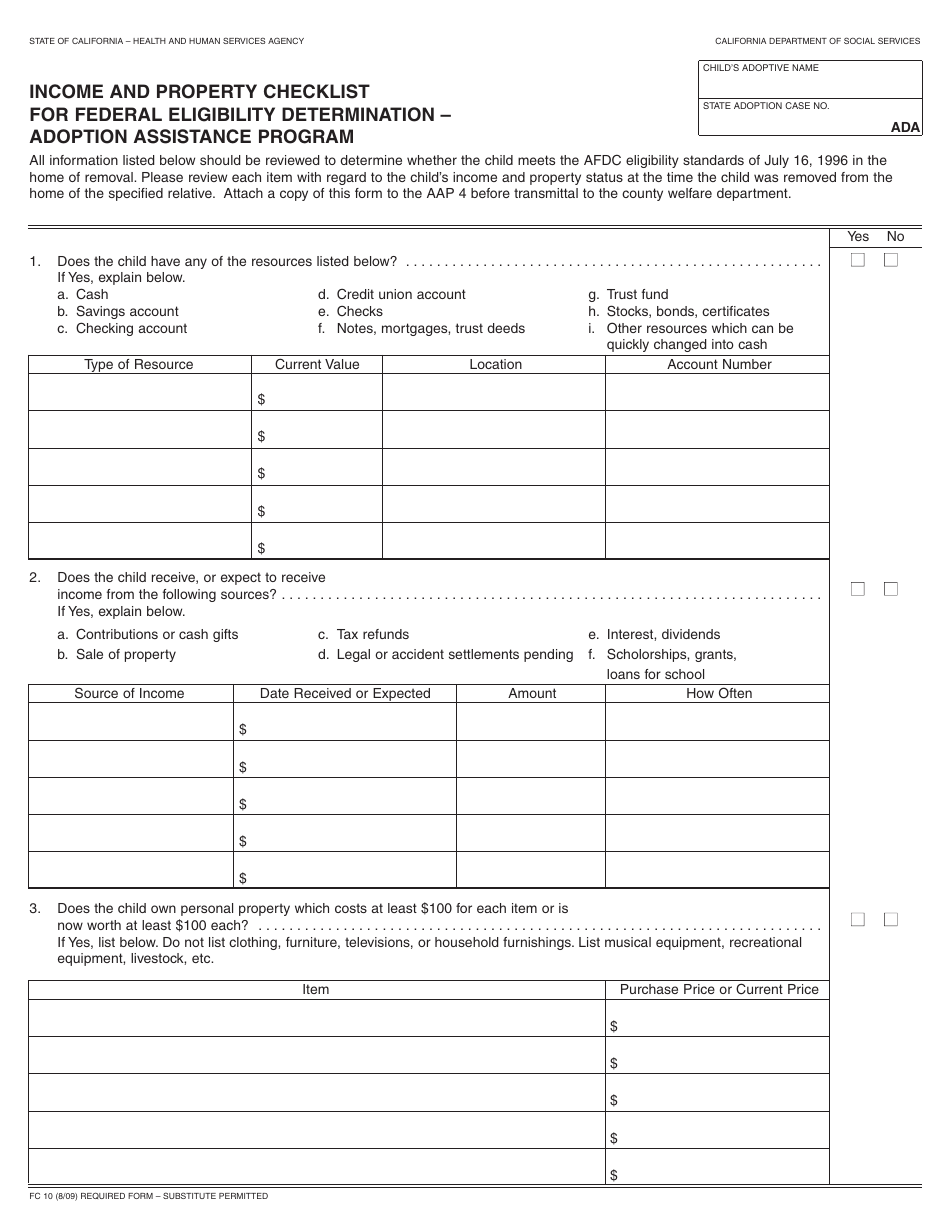Form FC10 Income and Property Checklist for Federal Eligibility Determiniation - Adoption Assistance Program - California, Page 1