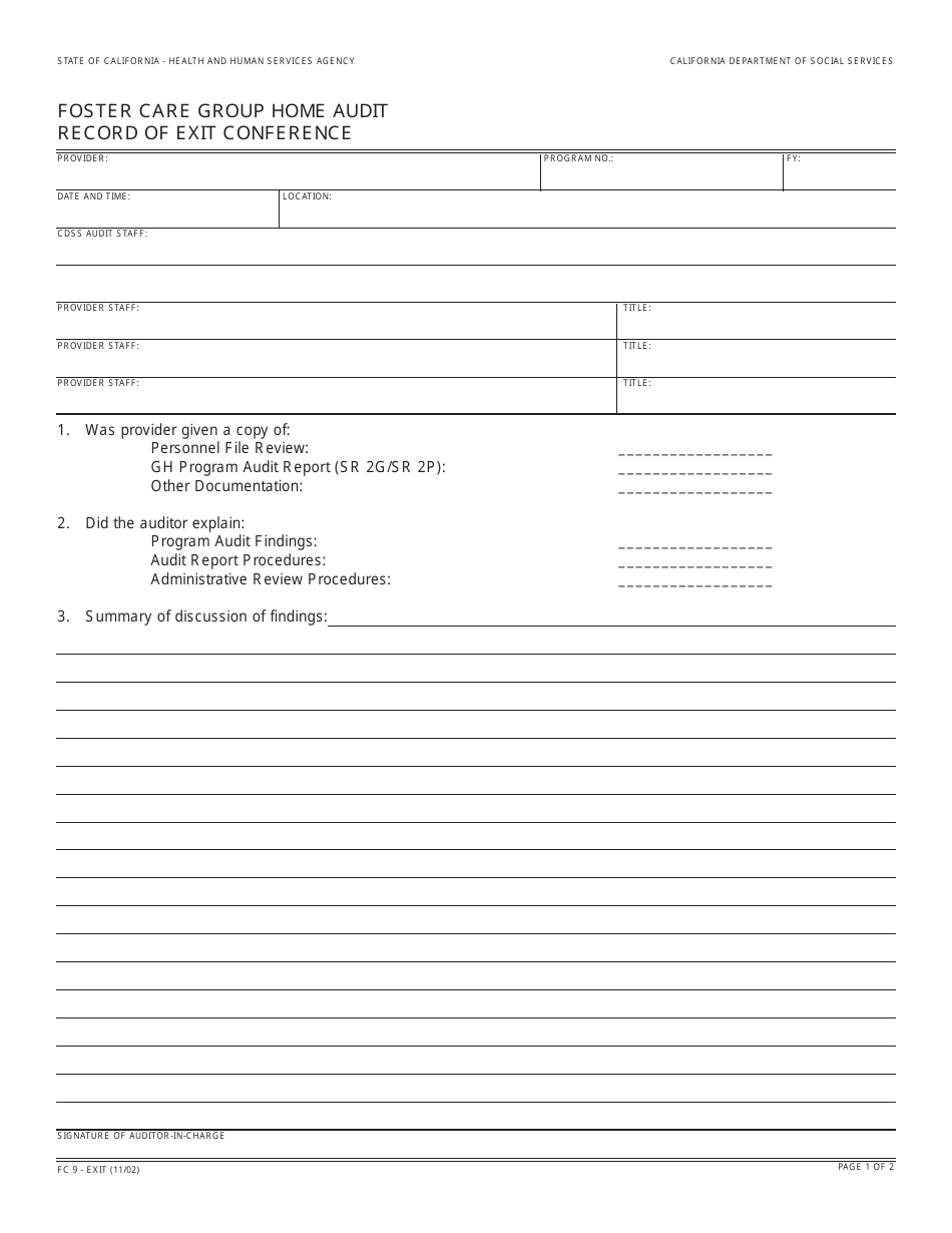 Form FC9-EXIT Foster Care Group Home Audit Record of Exit Conference - California, Page 1