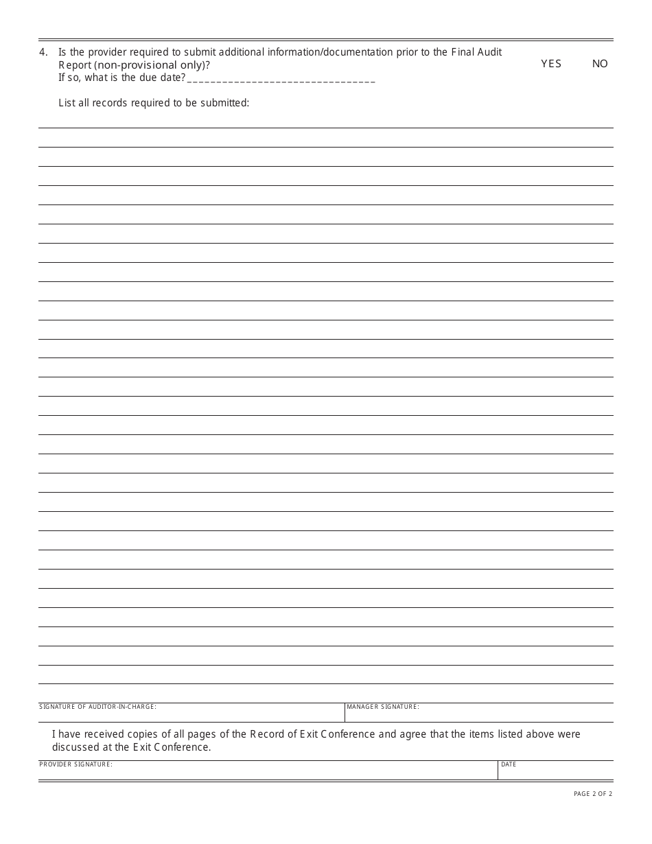 Form FC9-EXIT Foster Care Group Home Audit Record of Exit Conference - California, Page 2