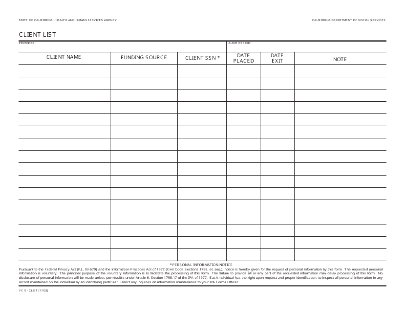 Form FC5-CLIST Client List - California